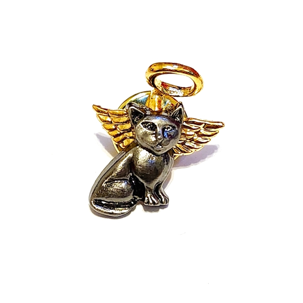 Camco Little Angel Cat with Wings and Halo, Silver and Gold Tone Lapel Pin